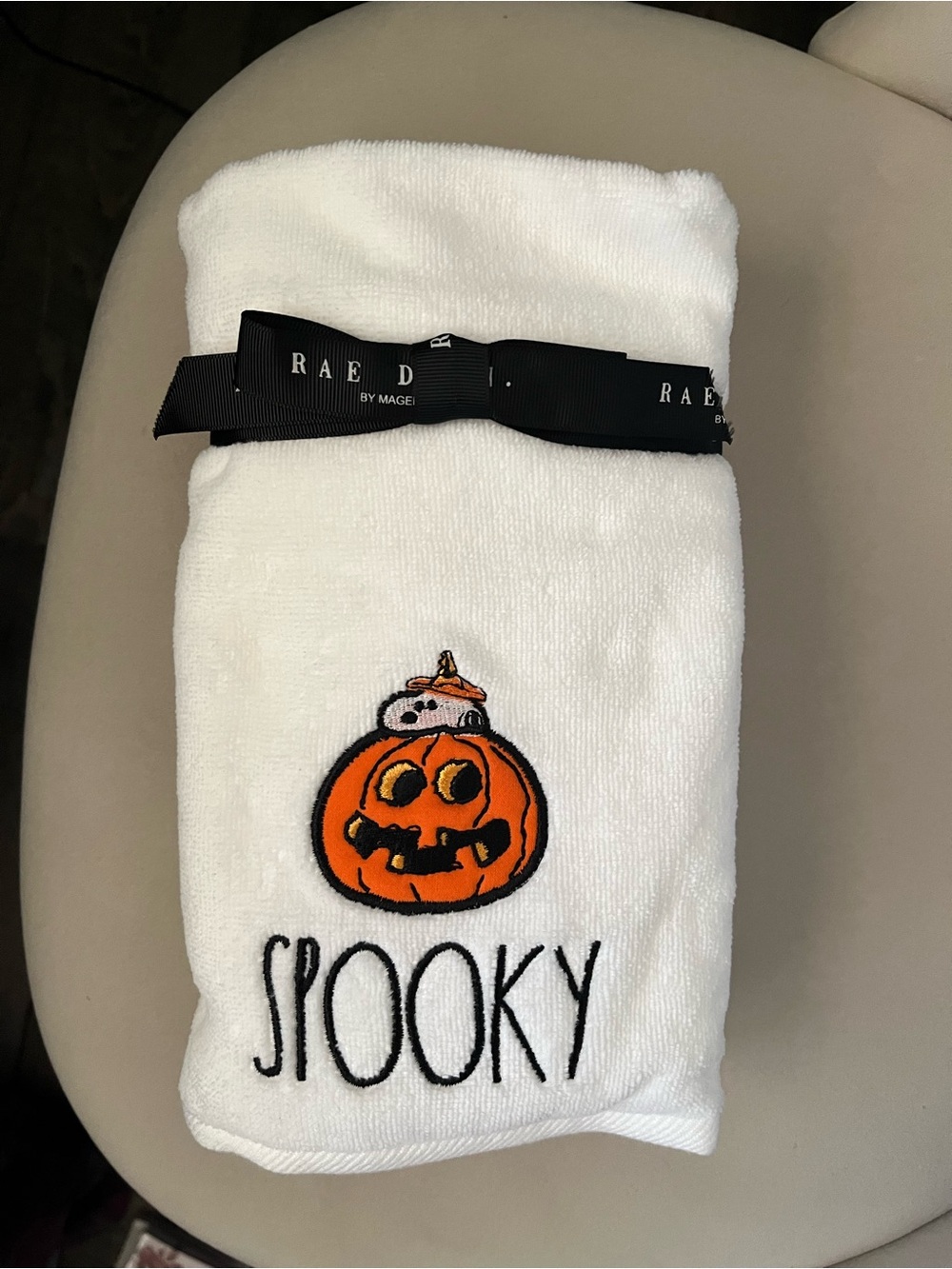 Rae Dunn White Halloween Towel with Orange Pumpkin & Black 'Spooky' Embroidery